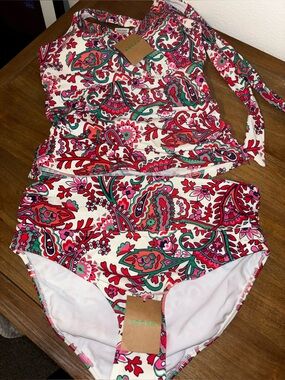 Boden Pink Red Green Paisley Two-Piece Swimsuit
